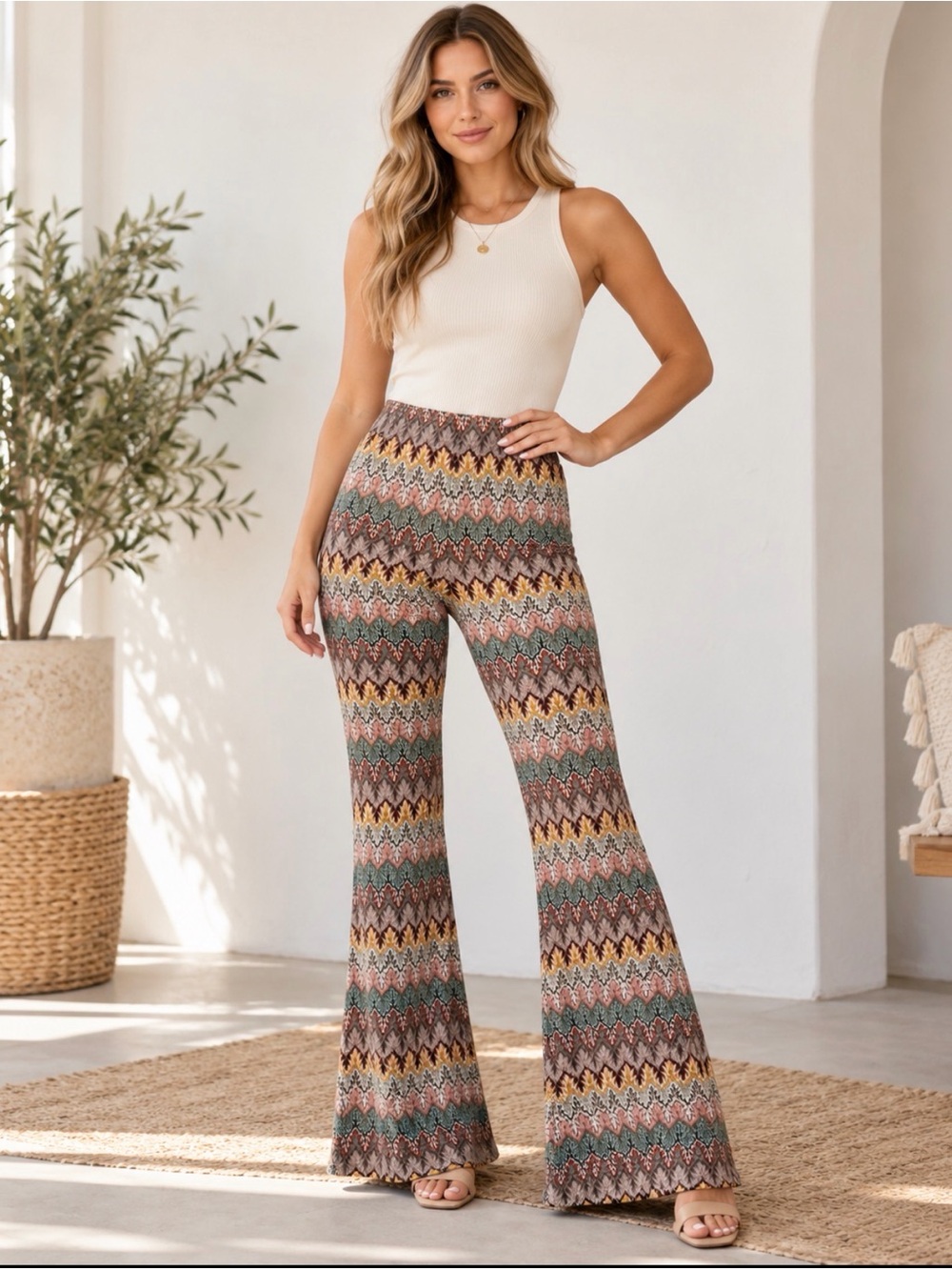 Forever 21 Chevron Knit Flare Pants - Cream, Brown, Green, Yellow, Pink